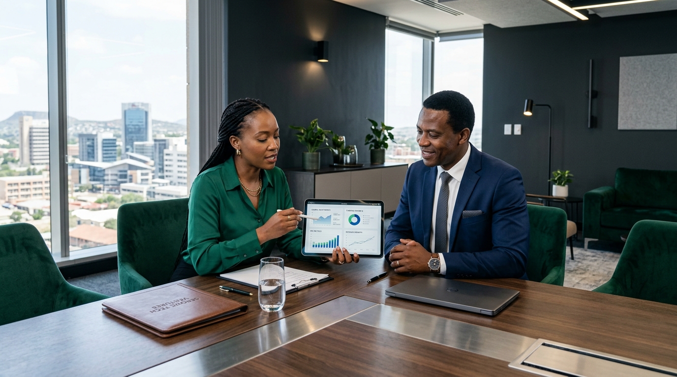 Business founders reviewing financial reports in Gaborone